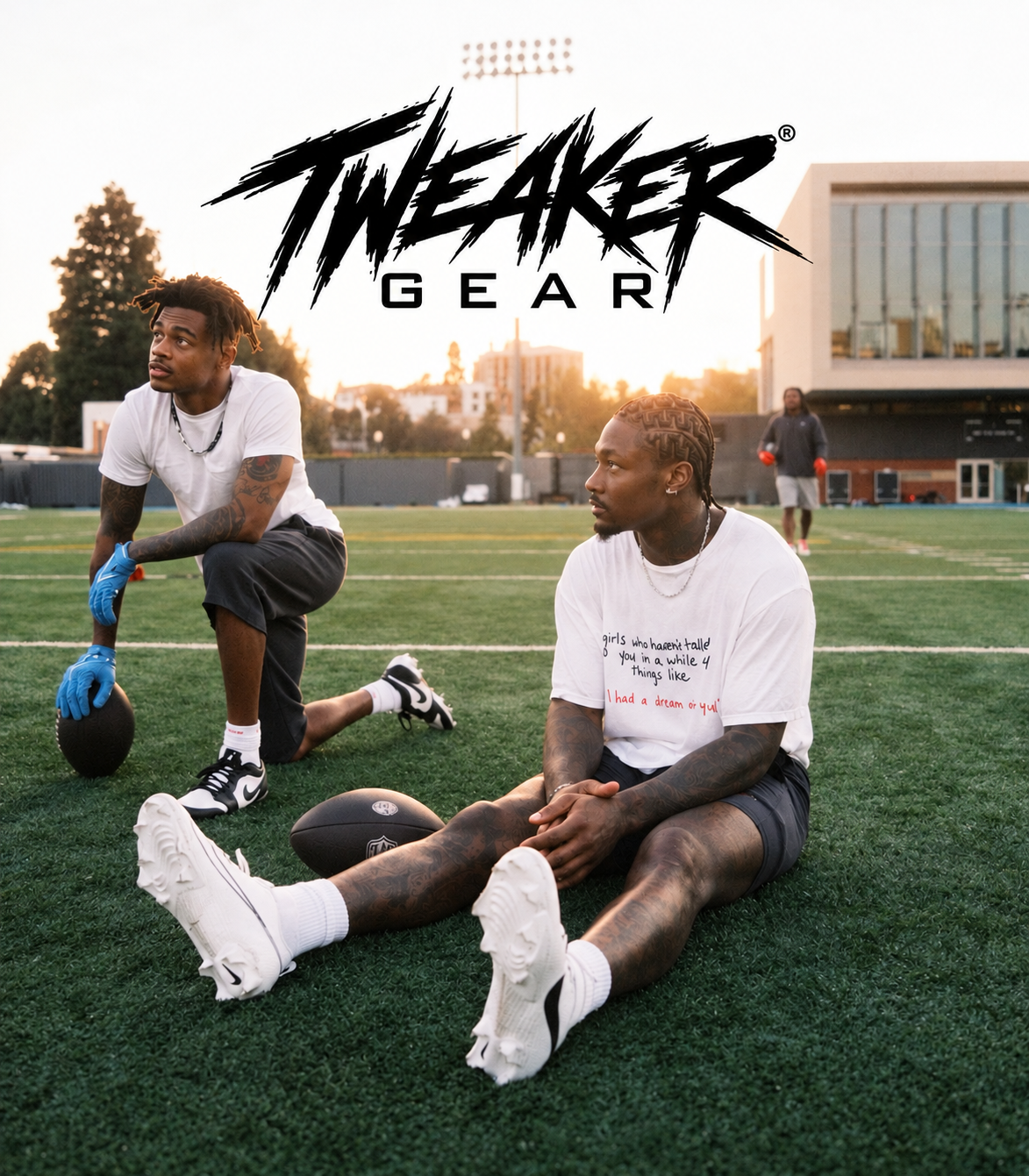 Tweaker Gear logo above two football players on the field